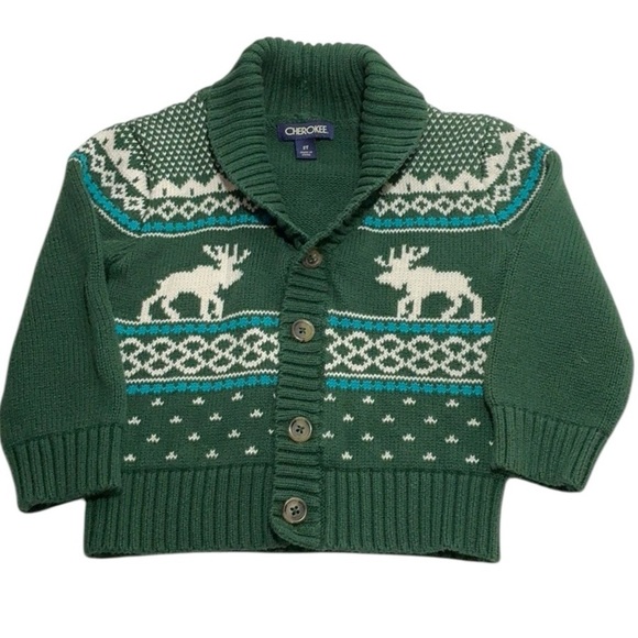 Cherokee Green Knit Cardigan with Moose Design - Picture 1 of 6